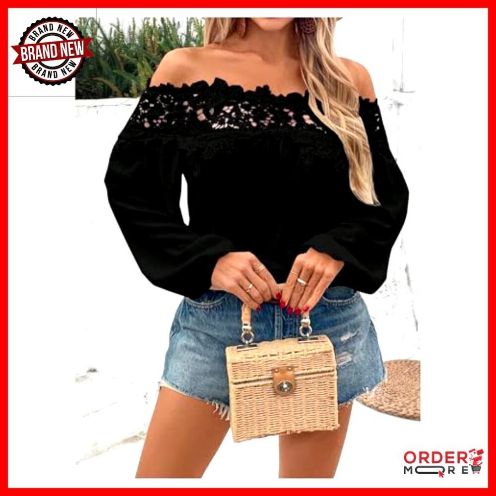Off Shoulder Lace Blouse Long Sleeve Casual Vacation Top - Picture 4 of 6
